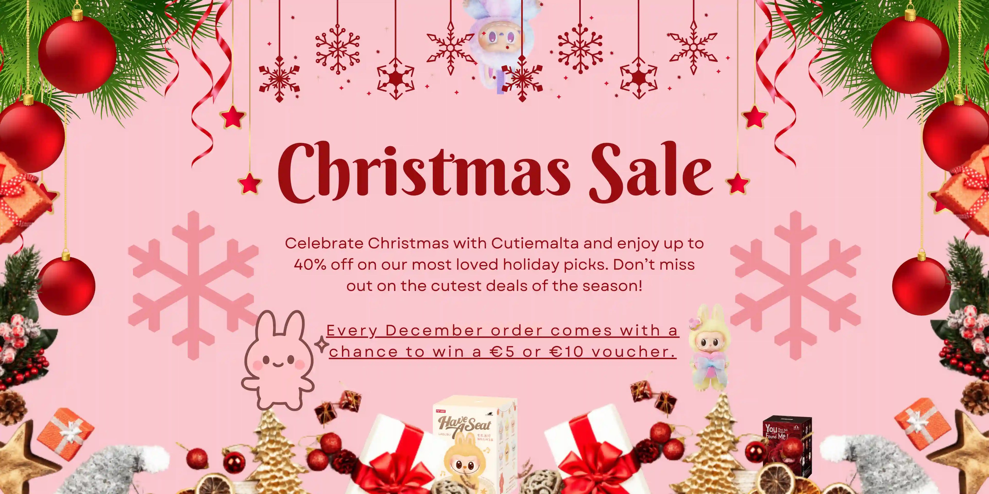 Christmas sale advertisement with festive decorations on a pink background